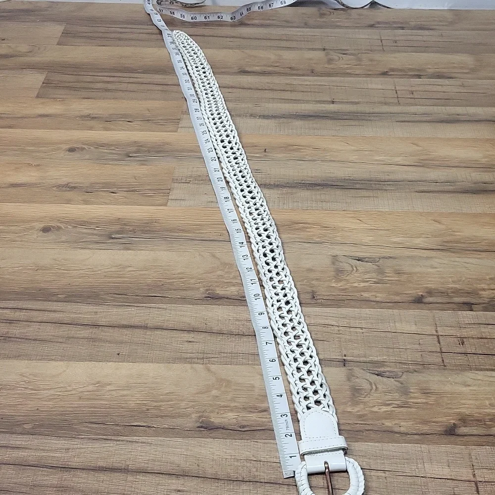 White Leather Open Weave Woven Braided Leather Belt 